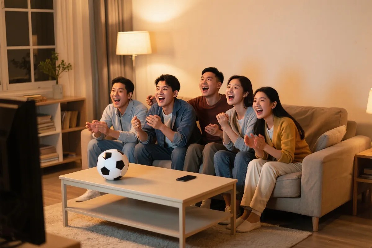 客厅中围坐看球的球迷