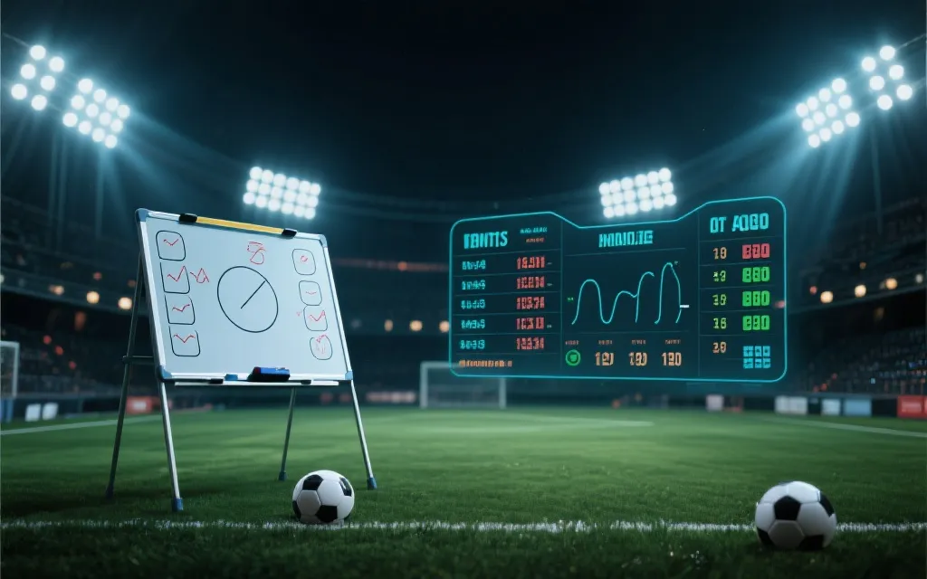球场灯光下的战术板与积分榜概念图，象征预选赛实时排名与晋级计算